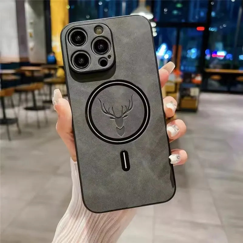 Magnetic for Wireless Charge Phone Case for Iphone 16 15 14 13 12 11 Pro Max Deer Head Leather Magnetic Soft Shockproof Cover