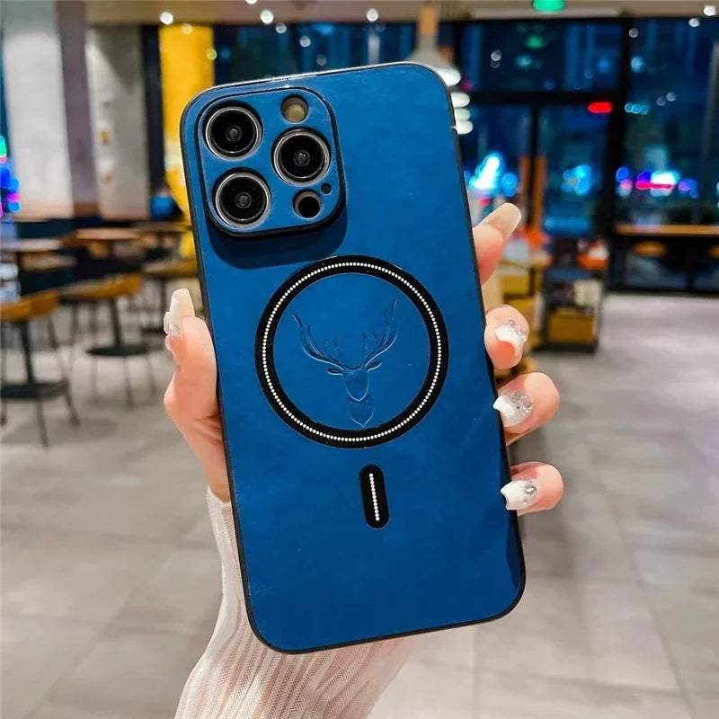 Magnetic for Wireless Charge Phone Case for Iphone 16 15 14 13 12 11 Pro Max Deer Head Leather Magnetic Soft Shockproof Cover